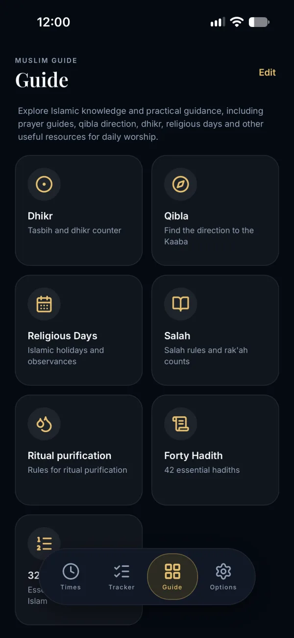 Muslim guide with dhikr, qibla, religious days, salah, purification, and forty hadith