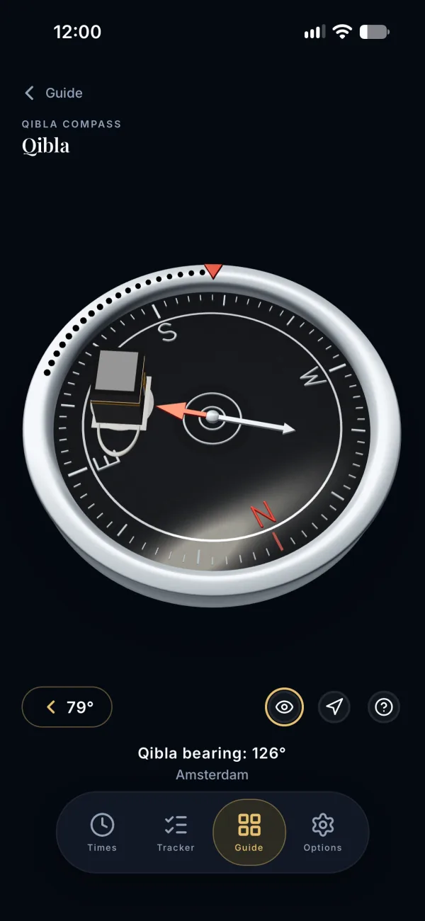 3D qibla compass with the Kaaba on the dial and the qibla bearing for Amsterdam