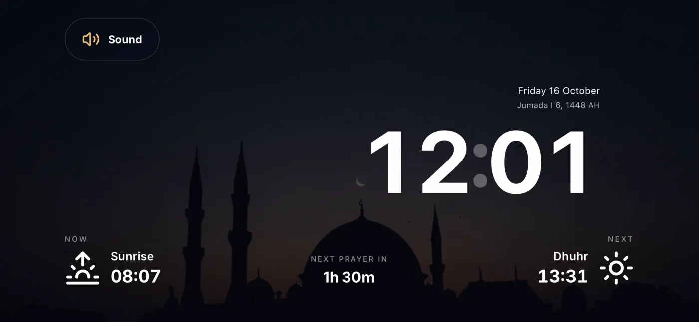 Standby clock showing the time, the current prayer, and a countdown to the next one