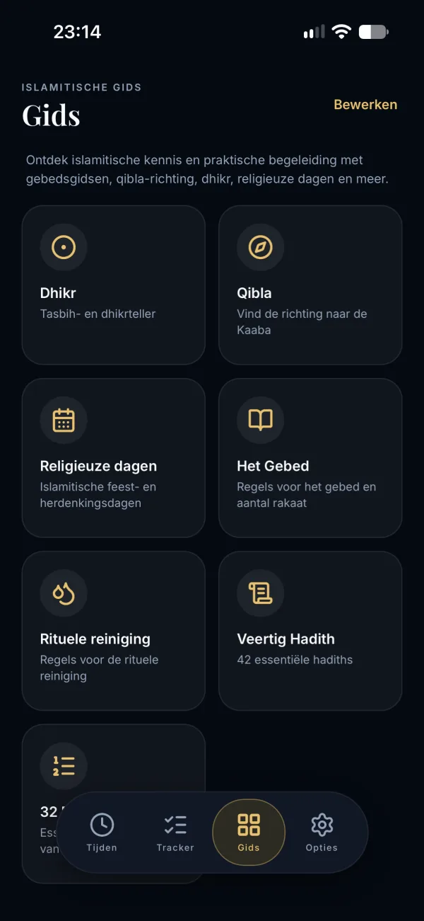 Islamitische gids met dhikr, qibla, religieuze dagen, salah, reiniging en veertig hadith