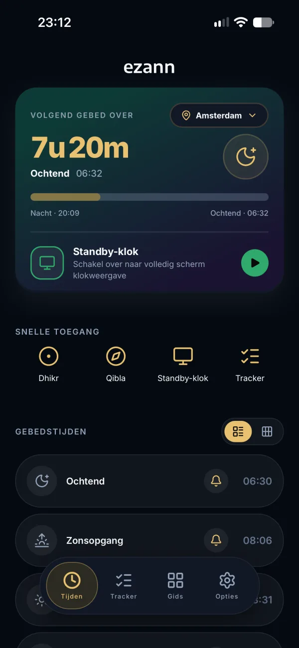 Startscherm van ezann met het volgende gebed en de tijden van vandaag
