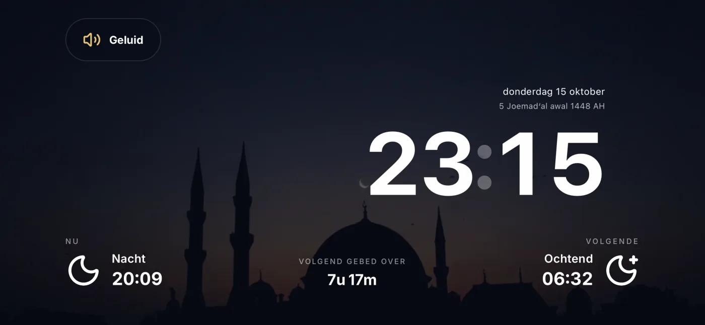 Standby-klok met de tijd, het huidige gebed en een afteltimer naar het volgende
