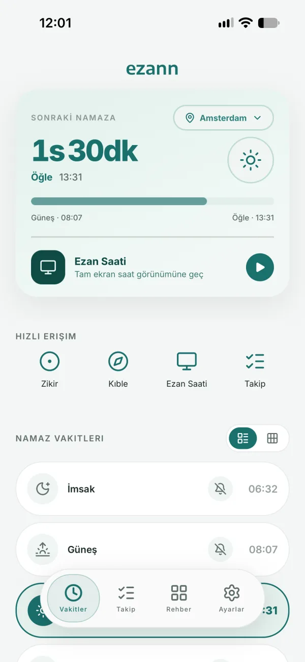Açık temada ezann ana ekranı