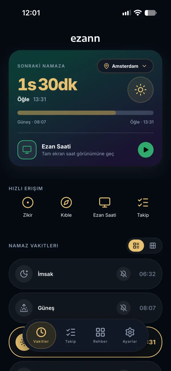 Sıradaki namazı ve günün vakitlerini gösteren ezann ana ekranı
