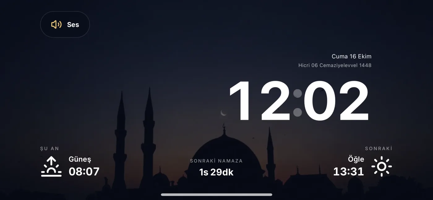 Saati, şu anki vakti ve sıradaki namaza geri sayımı gösteren Ezan Saati