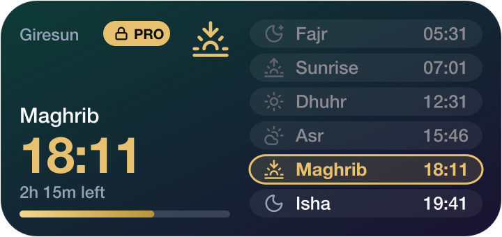 Prayer board widget listing today's prayer times with the time left