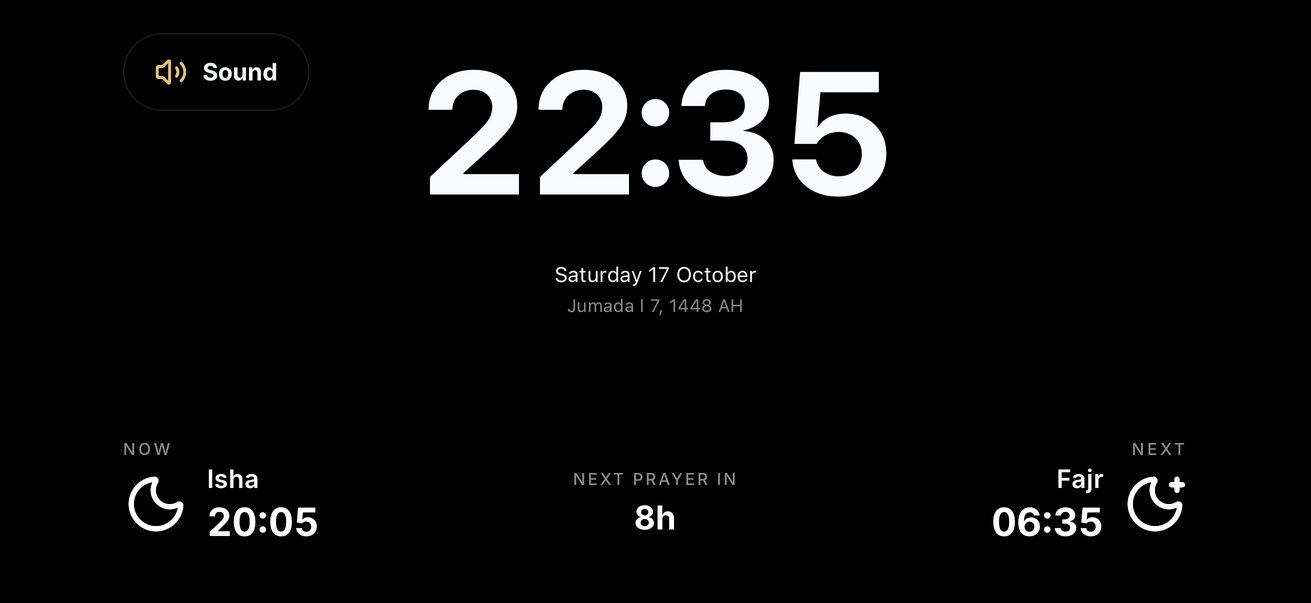 Standby clock with the time, date, current prayer and next prayer
