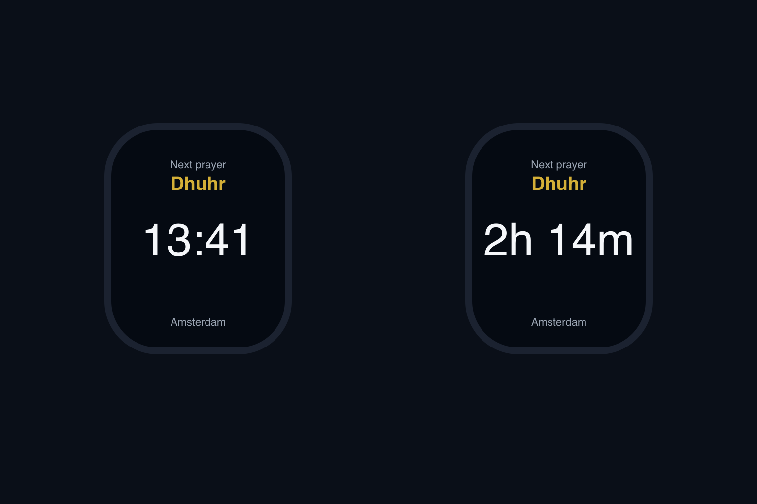 Apple Watch screens showing the next prayer and a countdown