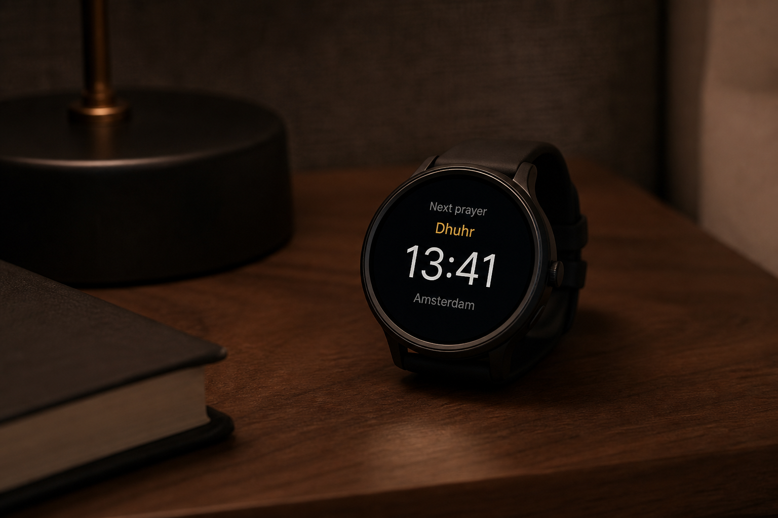 Wear OS watch showing Dhuhr at 13:41 for Amsterdam